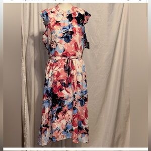 Nina Leonard Pink and Blue flutter sleeveless Midi floral dress, wedding sz Lg
